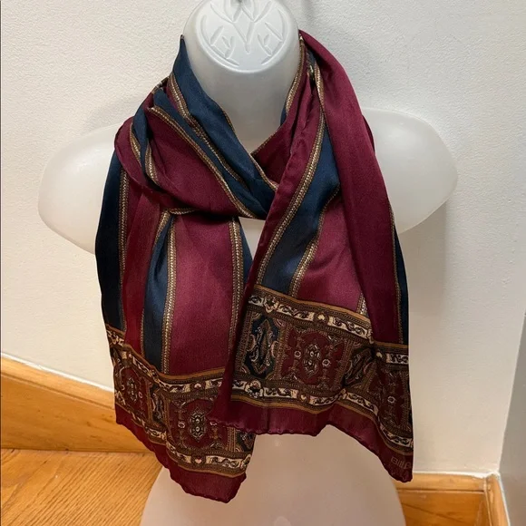Vintage Bill Blass Silk Scarf Burgundy Navy Baroque Ornate Print - Picture 3 of 11
